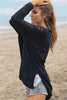 Openwork Side Slit Open Front Long Sleeve Cardigan