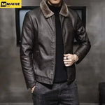 Vintage Brown Leather Jacket Men'S Winter Faux Fur Collar Windproof Warm Coat Male Luxury Clothing Brand Chaqueta Cuero Hombre