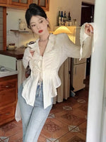 Fairycore Lace up Blouse Women Long Sleeve New Turn down Collar Shirts Feminina Ladies Cropped Tops Korean Fashion Chic