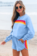 Bonbon Striped Accent Pullover and Shorts Two Piece Casual Set