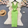 Women V Neck Solid Ribben Knitted Dresses Casual All Match Slimple Sexy Package Hips Bodycon Dress Elegant Vestidos Streetwear