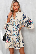 White Printed Tribal Print Bracelet Sleeve Buttoned Mini Dress