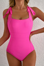 Rose Red Square Neck Knotted Shoulder Open Back One Piece Swimsuit
