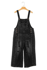Black Distressed Bib Pocket Wide Leg Denim Overall