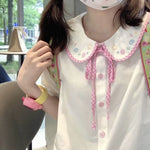 Embroidery Shirts Women Lovely Age-Reducing Summer New Students Puff Sleeve Popular Korean Style Loose All-Match Casual Graceful
