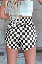 Black Checkered Print High Waist Casual Shorts