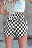 Black Checkered Print High Waist Casual Shorts