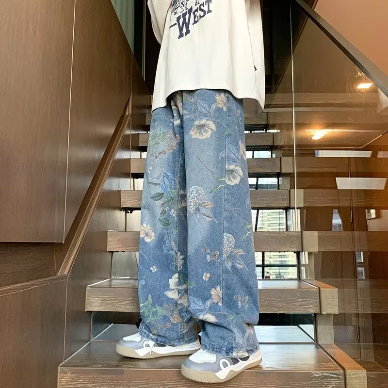 Autumn Floral Printed Jeans for Men 2024 New Y2K Vintage Denim Pants Hip Hop Fashion Wide-Leg Baggy Jean Streetwear Trousers