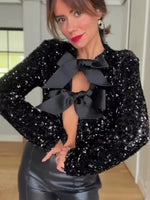 European and American Crew Neck Lace-Up Short Sexy Nightclub Sequined Long-Sleeved Jacket Winter Clothes Women