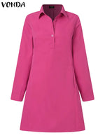 Women Dress Summer Elegant Long Sleeve Solid Color Shirt Sundress 2024 Casual Loose Buttons Pockets Short Mini Vestidos