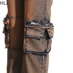 HLJ Y2K Fashion Punk Cargo Jean Pants Two Piece Sets Women Hollow Out Short Sleeve Slim Crop Top and Straight Denim Pants Outfit