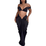 Elegant off Shoulder Women 2 Piece Set Crop Tube Top Long Maxi Pleated Skirts Matchings Set 2023 Winter Sexy Club Party Vestidos