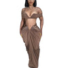 Elegant off Shoulder Women 2 Piece Set Crop Tube Top Long Maxi Pleated Skirts Matchings Set 2023 Winter Sexy Club Party Vestidos
