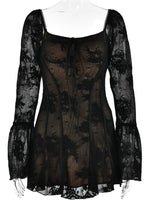 Elegant Backless Long Flare Sleeve Print Mini Dress Women Fashion Square Collar A-Line Pleated Club Party Sexy Dress