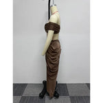 Elegant off Shoulder Women 2 Piece Set Crop Tube Top Long Maxi Pleated Skirts Matchings Set 2023 Winter Sexy Club Party Vestidos