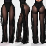 Ruffles Women Mesh Pants Sexy See through Beach Cover Ups 2023 Summer Holiday Beach Bathing Clothing High Waist Skinny Trousers