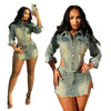 Denim Women Crop Jackets Dress 2 Piece Skirt Sets Sexy Jean Dress Y2K Streetwear Two Piece Sets Outfit Winter Clothes 2024