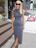 Elegant O Neck Sleeveless Top Two Piece Set Women Female Fake Pockets Split Skirt Casual Solid Suit Women Fashion High Street