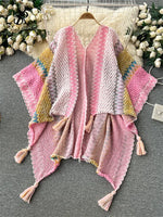 SINGREINY Bohemian Loose Cardigan Bat Cloak Tassel Design Print Fashion Knitted 2023 Autumn Retro Tour Irregular Oversize Coat