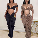 Elegant off Shoulder Women 2 Piece Set Crop Tube Top Long Maxi Pleated Skirts Matchings Set 2023 Winter Sexy Club Party Vestidos