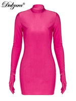 Solid Long Sleeve with Gloves Mini Dress Bodycon Sexy Streetwear Party Half Turtleneck Outfits Y2K Clothes Wholesale