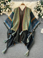 SINGREINY Bohemian Loose Cardigan Bat Cloak Tassel Design Print Fashion Knitted 2023 Autumn Retro Tour Irregular Oversize Coat