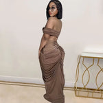 Elegant off Shoulder Women 2 Piece Set Crop Tube Top Long Maxi Pleated Skirts Matchings Set 2023 Winter Sexy Club Party Vestidos