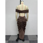 Elegant off Shoulder Women 2 Piece Set Crop Tube Top Long Maxi Pleated Skirts Matchings Set 2023 Winter Sexy Club Party Vestidos