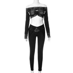 Women Sexy Lace Patchwork Slim Fit 2 Piece Set Spring 2024 Slash Neck Strapless Crop Top Fashion Pants Casual Streetwear Outfits