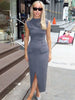 Elegant O Neck Sleeveless Top Two Piece Set Women Female Fake Pockets Split Skirt Casual Solid Suit Women Fashion High Street