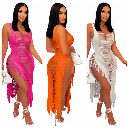 2023 Crochet Cut Out Slit Beach Dress Cover up Knitted Tunic Holiday Swimsuit Cover up Pareo Tunic Beach Maxi Dress Bikini Cove