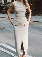 Elegant O Neck Sleeveless Top Two Piece Set Women Female Fake Pockets Split Skirt Casual Solid Suit Women Fashion High Street