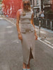 Elegant O Neck Sleeveless Top Two Piece Set Women Female Fake Pockets Split Skirt Casual Solid Suit Women Fashion High Street