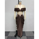 Elegant off Shoulder Women 2 Piece Set Crop Tube Top Long Maxi Pleated Skirts Matchings Set 2023 Winter Sexy Club Party Vestidos