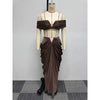 Elegant off Shoulder Women 2 Piece Set Crop Tube Top Long Maxi Pleated Skirts Matchings Set 2023 Winter Sexy Club Party Vestidos