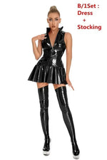 Women Sexy Glossy Leather Slip Dress Lady Erotic Shaping Pleated Short Dress Zipper Hot Porn Breast Exposing Latex Mini Dress