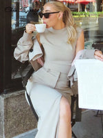 Elegant O Neck Sleeveless Top Two Piece Set Women Female Fake Pockets Split Skirt Casual Solid Suit Women Fashion High Street